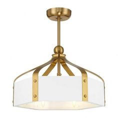 a light fixture with a glass shade on the bottom and gold trimmings around it