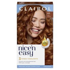 PRICES MAY VARY. Get permanent, silky, natural looking color with Clairol Nice'n Easy 6R Light Auburn Hair Color. Creates 3 salon tones and highlights in 1 simple step using Color Blend technology Covers 100% of grays with complementary highlights and low lights for an authentic look Our breakthrough non-drip Color Care permanent cream has conditioners built into every step to make your hair soft and shiny One hair color application kit: ColorBlend Formula, ColorBlend Activator, CC Plus ColorSea Light Auburn Hair Color, Light Auburn Hair, How To Dye Hair At Home, Light Auburn, Hair Color Cream, Hair Color Auburn, Gray Coverage, Permanent Hair Dye, Color Your Hair