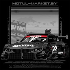 a black and white poster with a car in front of a sign that reads motu - market by