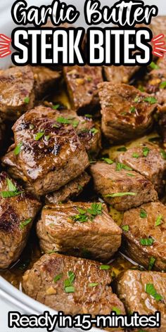 steak bites in a white bowl with text reading garlic butter steak bites ready in 5 minutes