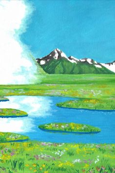 an image of a painting of a lake in the middle of flowers and grass with mountains in the background