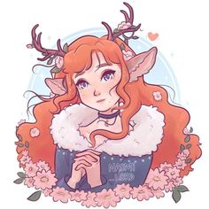 a girl with red hair and antlers on her head is holding a mug in front of flowers