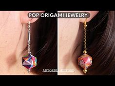 two pictures of different earrings with chains attached to each ear and one has an origami bead hanging from it