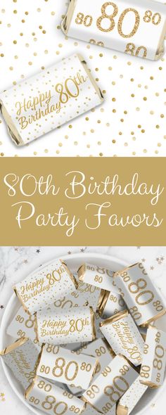 gold and white 30th birthday party favors on a plate with confetti in the background