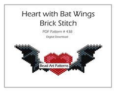 the heart with bat wings is shown in this pixel art pattern, as well as an image