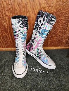 (eBay) These are calf high X-HI tall shoes. They have a vibrant pink and blue patchwork design, with stars, plaid, hearts, and more. These are harder to find style and design. These are in good pre-owned condition. Tall Shoes, Vintage Converse, Custom Sneakers, Patchwork Designs, Converse All Star, Nike Dunks, Converse High Top Sneaker, Converse Chuck Taylor High Top Sneaker, Kids Clothing