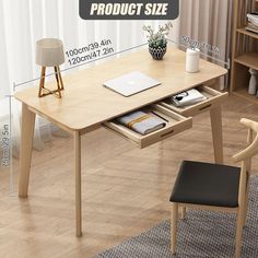 a wooden desk with two drawers and a chair next to it on a hardwood floor