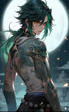 a man with green hair and tattoos standing in front of a full moon, holding his hands on his hips