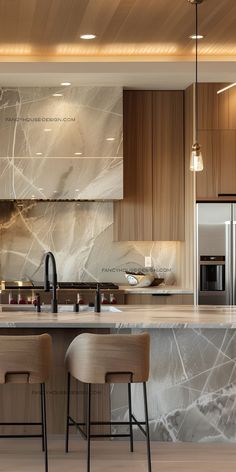 a modern kitchen with marble counter tops and wooden cabinets, along with bar stools