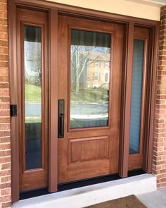 Fiberglass wood door with two side lights Stained Front Door, Exterior House Doors, Modern Front Porches, Exterior Door Colors, Fiberglass Entry Doors, Door Replacement, Fiberglass Door, Privacy Glass, Front Entry Doors