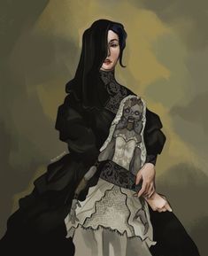 a painting of a woman dressed in black and white