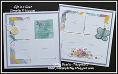 an open scrapbook with paper work on the pages and butterfly embellishments