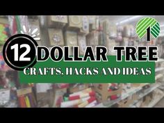 two dollar tree crafts, hacks and ideas in the store with text reading 12 dollar tree crafts, hacks and ideas