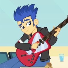 a boy with blue hair playing an electric guitar