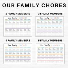 four family chores printables on a white background with the text, our family chores