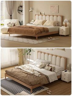 there are two pictures of a bed with headboard and foot board in the same room