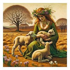 a painting of a woman holding two lambs in a field with trees and flowers