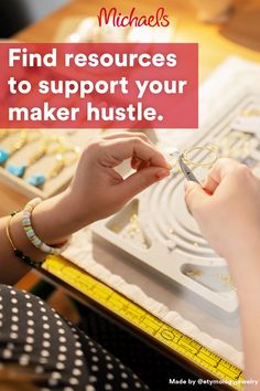 a woman is working on her jewelry with the words, find resources to support your maker hustle