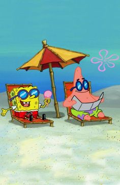 two cartoon characters sitting in lawn chairs under an umbrella on the beach, one holding a balloon