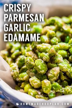 crispy parmesan garlic edamame in a bowl with text overlay