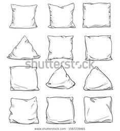 a set of pillows and pillow cases drawn by hand in black ink on white paper