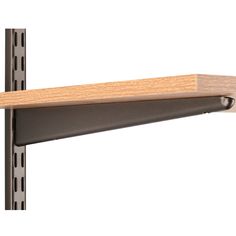 a wooden shelf mounted to the side of a metal wall bracket with two holes in it