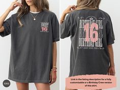 Celebrate your Sweet 16 birthday in style with our personalized 16th Birthday T-shirt! This shirt is perfect addition to mark the big day. This Comfort Color Tee, it's ideal for birthday parties and memorable photos. Give the gift of a unique and fun birthday experience with our "In My Sweet Sixteen Era" Tee! (CV_0181) For a fully customizable or Birthday "Crew" version of this shirt, click here: https://www.etsy.com/listing/1744528939/personalized-21st-birthday-t-shirt-for HOW TO ORDER: Step 1:  Please check and review all listing details and photos. Step 2: Select your shirt - Style/Color (Ex: Black) Step 3: Select your shirt - Size (Ex: S) Step 4: Add any requests in the "Add your personalization" box (if required). Step 5: Select the quantity (If available). Step 6: Click ADD TO CART. Sweet 16 Shirts, 16 Gifts, Gifts For Daughter, Sweet 16 Gifts, 16 Birthday, Birthday Tee, Sweet 16 Birthday, Girls Sweet, B Day