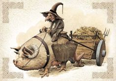 an illustration of a man riding on the back of a pig with a wagon full of hay