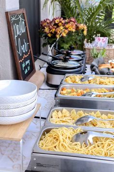 Pasta Bar Idea For A Party Food Options For Birthday Party, Pasta Bar For Graduation Party, Pasta Graduation Party Bar Ideas, Birthday Dinner Buffet Ideas, Food Ideas Wedding Receptions, Display Silverware For Buffet, Graduation Party Pasta Bar, Pasta Bar Ideas Buffet Dinner Parties