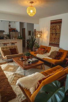 a living room filled with lots of furniture next to a dining room table and chairs