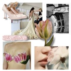 a collage of photos with flowers and shoes