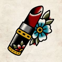 a drawing of a lipstick with flowers on it