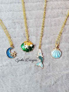 18" Gold plated necklace with a blue moon charm, a green shell, and a blue shell charm. Mermaid necklace is 16". Shell Mermaid, Mermaid Moon, Bethany Beach, Blue Shell, Mermaid Necklace, Moon Charm, Moon Necklace, Gold Plated Necklace, Blue Moon