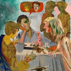 a painting of people sitting at a table with paint on their faces and hands in front of them