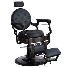 an old fashioned barber chair with black leather upholstered back and footrests