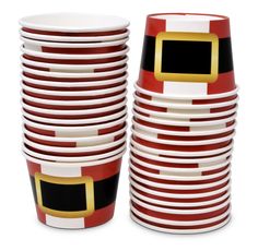 stack of red and white cups with gold trim