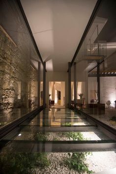 the inside of a house with glass walls and plants growing out of it's floor