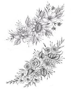 an ink drawing of flowers and leaves