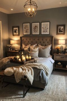 a bedroom decorated in gray and white with candles on the bed, chandelier