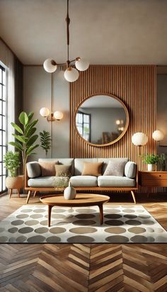 a living room filled with furniture and a round mirror