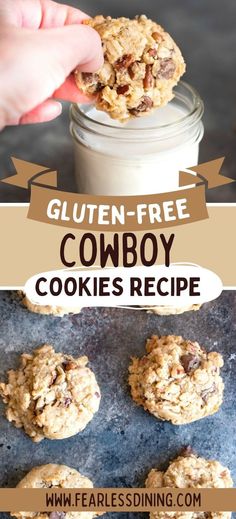 the recipe for gluten - free cowboy cookies is in a mason jar and it's ready to be eaten