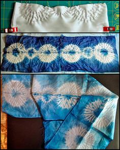 three different pictures of blue and white fabric with flowers on them, one is being cut out