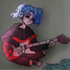 a drawing of a person with blue hair playing a guitar