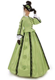 So many period details make this ensemble perfect for any Civil War event! Made up in your selection of shimmering dupioni accented with braid, self-fabric rosettes with pearl centers, and lace trim. The fitted bodice features a high neckline with a lace collar, dropped shoulder seams, and full pagoda sleeves with white satin undersleeves that are attached. Buttons close at the front. The very full skirt is gathered into a buttoned waistband. More pearl-centered fabric rosettes and lace carry th Pagoda Sleeve, Victorian Ideas, Vivian Leigh, Victorian Gown, Fabric Rosette, Edwardian Dress, 19th Century Fashion, Period Outfit, Victorian Clothing