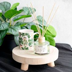 a candle and cup on a wooden stand with plants in the background