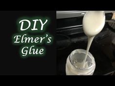 a spoon pouring milk into a container on top of a stovetop with the words diy emmer's glue