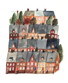 a drawing of houses with trees and bushes on the top of each house, all painted in watercolor