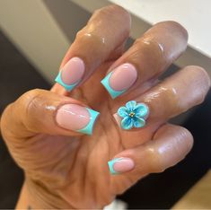 Vibrant Short Nails, Stitch Inspired Nails, Pastel Nails With Flowers, Nails Acrylic Teal, Short Aqua Nails, Short Short Nails Ideas, Nails For Middle Schoolers, Pink Hibiscus Flower Nails, Neon Blue French Tip Nails