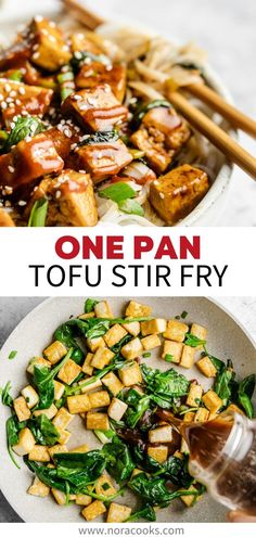 one pan tofu stir fry with chopsticks on the side, and another photo of