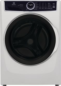 the front load washer is white and has black buttons on it's side